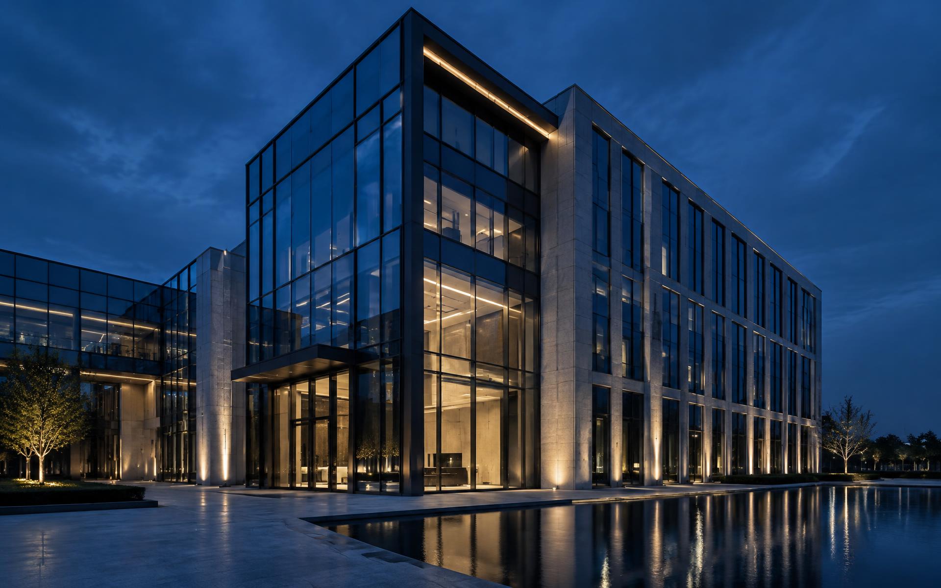 Contemporary corporate architecture at dusk